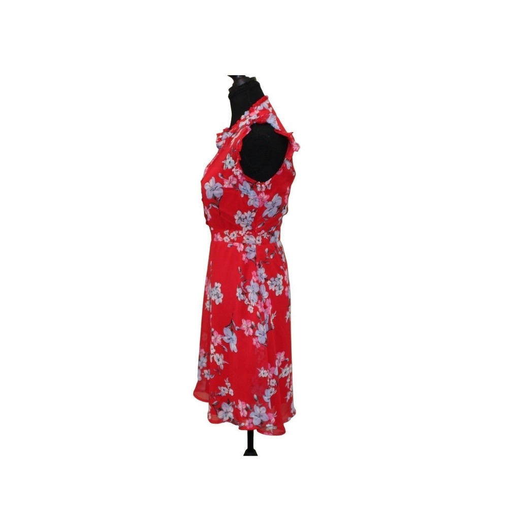 Lulus Porch Swing Red Floral Print Skater Dress XS Ruffle Neck Flutter Sleeve - Picture 2 of 3